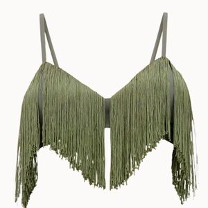 Andrea Iyamah Olive Fringe obi bralette top